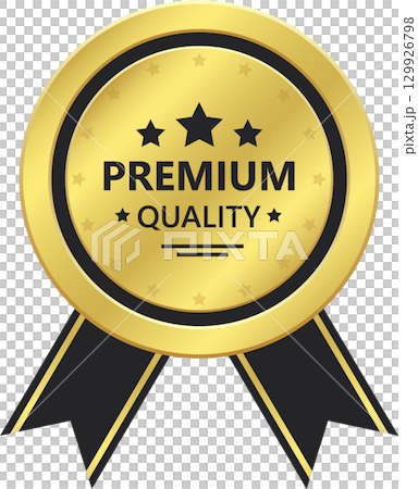A shiny gold seal with a black border signifies premium quality and excellence in presentation. A shiny gold seal with a black border signifies premium quality and excellence in presentation. 129926798