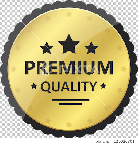 Gold Premium Quality Badge with Stars: Symbol of Excellence, Top Value, Achievement, and Trust. 129926801