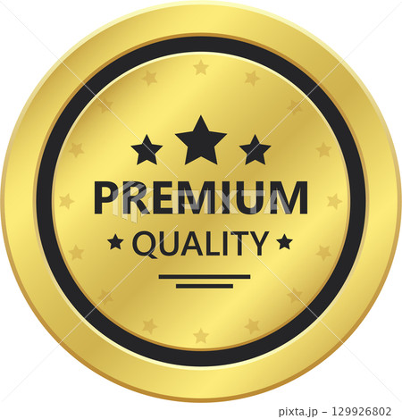 A golden round premium quality label design with black borders and star icons. Top choice badge. 129926802
