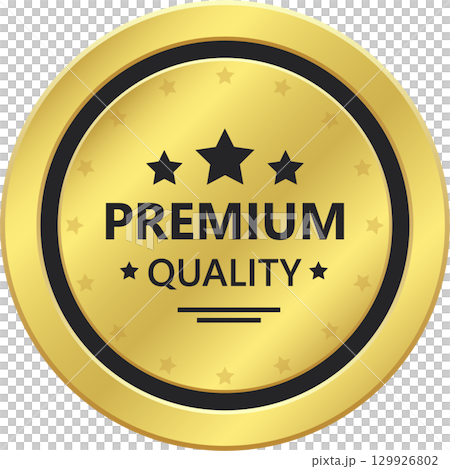 A golden round premium quality label design with black borders and star icons. Top choice badge. 129926802