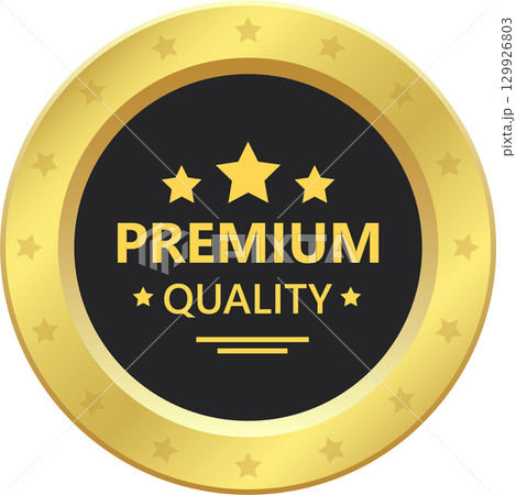 A shiny golden seal with three stars and the words 'premium quality' in yellow font on a black field. 129926803