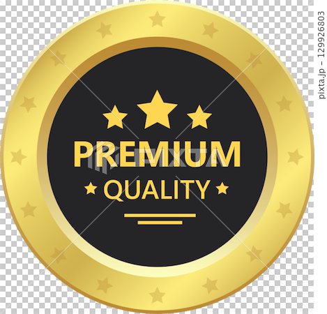 A shiny golden seal with three stars and the words 'premium quality' in yellow font on a black field. 129926803