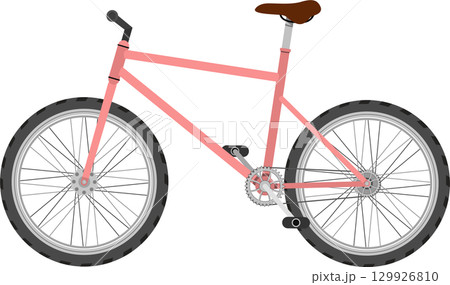 A pink bike with a brown seat stands ready for a ride, designed for adventure and fun outdoors. 129926810