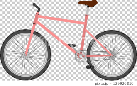 A pink bike with a brown seat stands ready for a ride, designed for adventure and fun outdoors. 129926810