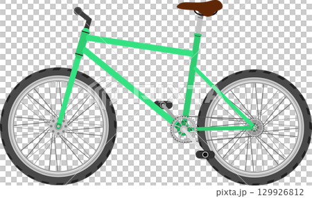 A green bicycle with knobby tires, a brown seat, and pedals is poised for an adventure. A green bicycle with knobby tires, a brown seat, and pedals is poised for an adventure. 129926812