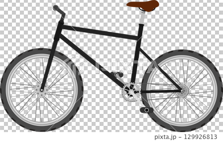 Illustration of a black bicycle with brown seat, showing spokes, tires, pedals, and frame. 129926813