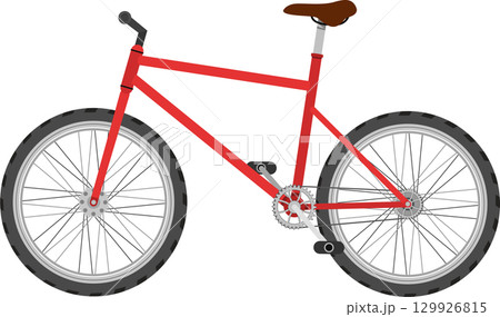 A vibrant red bicycle, complete with knobby tires and a brown seat, ready for an adventure. 129926815