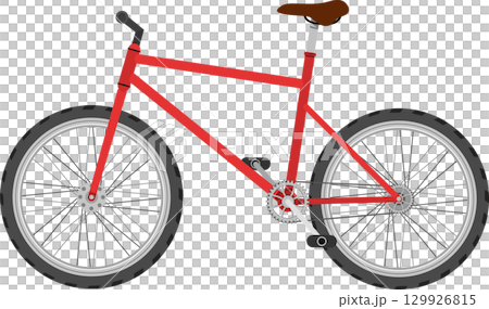 A vibrant red bicycle, complete with knobby tires and a brown seat, ready for an adventure. 129926815