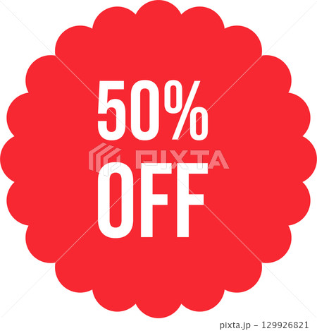 Red scalloped circle with '50% OFF' in white, indicating a half-price sale or special promotion. Red scalloped circle with '50% OFF' in white, indicating a half-price sale or special promotion. 129926821