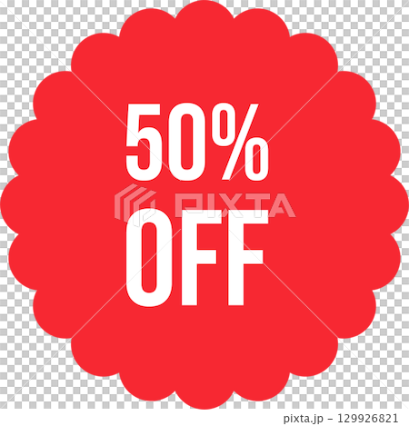 Red scalloped circle with '50% OFF' in white, indicating a half-price sale or special promotion. 129926821