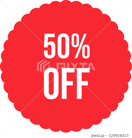 A red circular sticker with a scalloped edge and a fifty percent off sale promotional discount. A red circular sticker with a scalloped edge and a fifty percent off sale promotional discount. 129926823