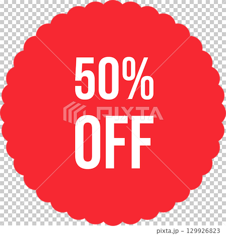 A red circular sticker with a scalloped edge and a fifty percent off sale promotional discount. A red circular sticker with a scalloped edge and a fifty percent off sale promotional discount. 129926823