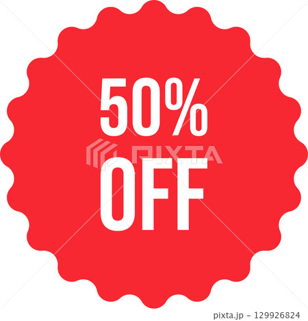 A red scalloped badge with white text that says '50% OFF', isolated on a black background. 129926824