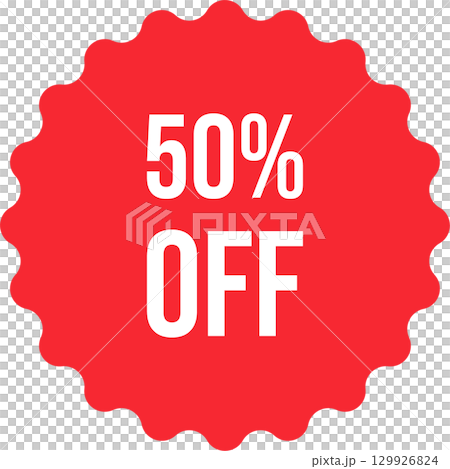 A red scalloped badge with white text that says '50% OFF', isolated on a black background. 129926824