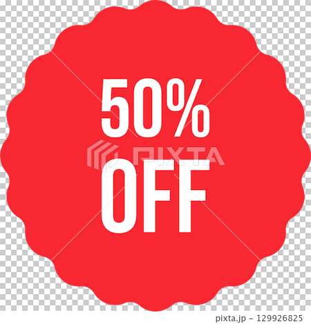Eye-catching red sticker with "50% OFF" boldly displayed for great promotional advertisements. 129926825