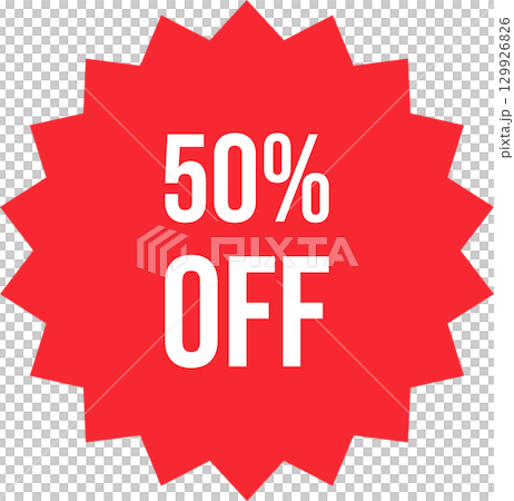 A vibrant red burst announces a 50% discount, beckoning shoppers to take advantage of a great deal. 129926826