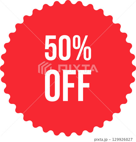 A red burst design shows '50% OFF' in a white sans-serif font against a black background. 129926827