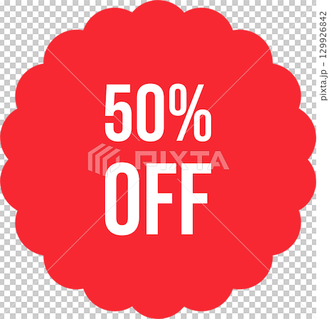 Promotional circular sign indicates half-price savings. Discount offer of fifty percent. Promotional circular sign indicates half-price savings. Discount offer of fifty percent. 129926842