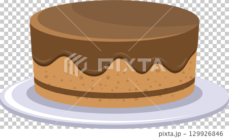 A delicious-looking brown cake with chocolate frosting on a simple white plate. Dessert treat. A delicious-looking brown cake with chocolate frosting on a simple white plate. Dessert treat. 129926846