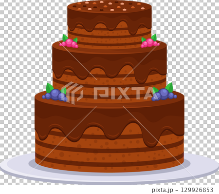 Three-tier chocolate cake with berries and dripping chocolate frosting on a white plate. Three-tier chocolate cake with berries and dripping chocolate frosting on a white plate. 129926853