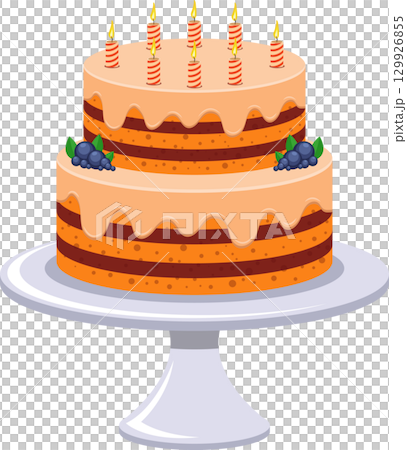 A delicious two-tiered cake with frosting, berries, and lit candles sitting on a cake stand. 129926855