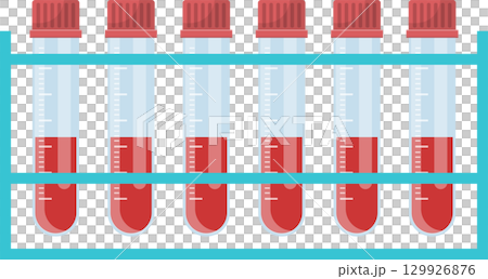 A row of blood samples in test tubes, held in a blue rack, used for lab testing and research. 129926876