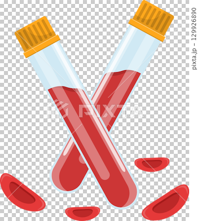Blood samples in test tubes crossed over each other with blood cells surrounding them. 129926890