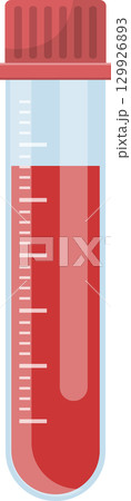A translucent lab tube filled with red liquid, showing a side with measurement indicators. A translucent lab tube filled with red liquid, showing a side with measurement indicators. 129926893