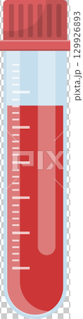 A translucent lab tube filled with red liquid, showing a side with measurement indicators. 129926893