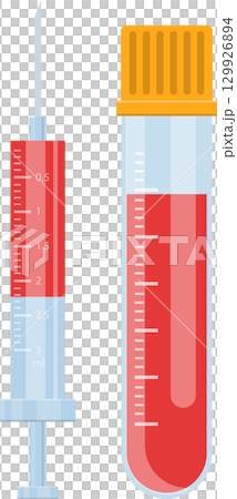 Medical syringe and test tube filled with red liquid on black backdrop, healthcare concept. Medical syringe and test tube filled with red liquid on black backdrop, healthcare concept. 129926894