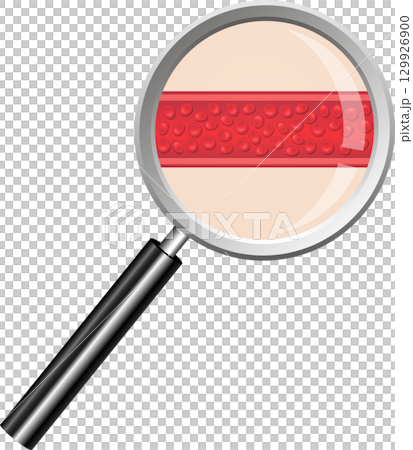 Magnifying glass showing red blood cells moving in a blood vessel, illustrating microscopic view. 129926900