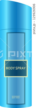 A tall, blue can with a rectangular label that reads "Body Spray", and the text below saying: A tall, blue can with a rectangular label that reads "Body Spray", and the text below saying: 129926906