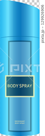 A tall, blue can with a rectangular label that reads "Body Spray", and the text below saying: A tall, blue can with a rectangular label that reads "Body Spray", and the text below saying: 129926906