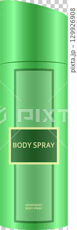 A vectorized depiction of a sleek, green body spray or deodorant container with label designs. A vectorized depiction of a sleek, green body spray or deodorant container with label designs. 129926908