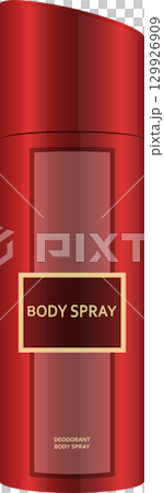 A visually engaging illustration of a vibrant red deodorant body spray can against a plain backdrop. 129926909