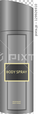 A sleek, gray aerosol can of body spray is centered, featuring minimalist design and clean lines. 129926910