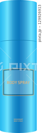 A blue aerosol can with text denoting it as a body spray, featuring an abstract background. 129926913