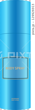 A blue aerosol can with text denoting it as a body spray, featuring an abstract background. 129926913