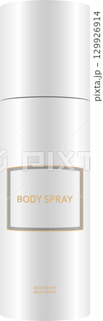 A tall, cylindrical body spray can with a label that says "BODY SPRAY" on it in golden letters 129926914