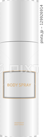 A tall, cylindrical body spray can with a label that says "BODY SPRAY" on it in golden letters 129926914