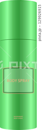 A green, aerosol deodorant can with a label that reads "body spray", in a vector art style. 129926915