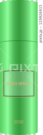 A green, aerosol deodorant can with a label that reads "body spray", in a vector art style. 129926915