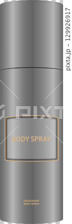 Metallic gray aerosol can with a simple label that reads 'BODY SPRAY', used for personal hygiene. 129926917