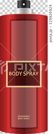 A red and burgundy body spray canister with a metallic cap and black nozzle, suitable for hygiene. 129926924