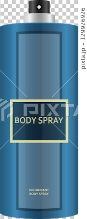 A tall blue canister with a label reading "Body Spray", featuring a spray nozzle on top. 129926926