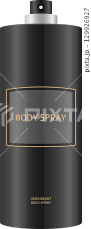 Sleek black body spray can with spray nozzle on top and text saying "Body Spray" and "Deodorant". Sleek black body spray can with spray nozzle on top and text saying "Body Spray" and "Deodorant". 129926927