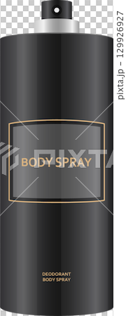 Sleek black body spray can with spray nozzle on top and text saying "Body Spray" and "Deodorant". Sleek black body spray can with spray nozzle on top and text saying "Body Spray" and "Deodorant". 129926927
