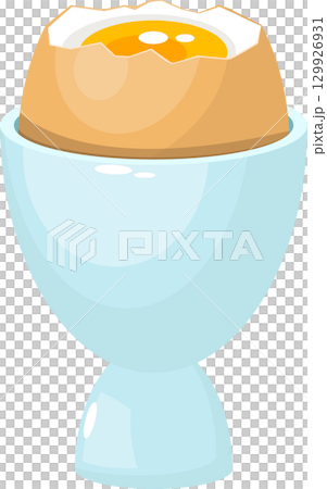 Cartoon depiction of a cooked egg with a cracked shell sitting in a light blue egg cup. Cartoon depiction of a cooked egg with a cracked shell sitting in a light blue egg cup. 129926931