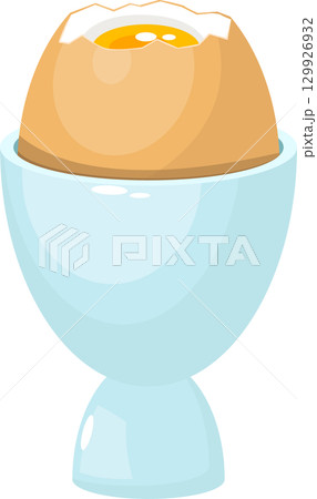 A boiled egg in a light blue egg cup with the top part of the shell removed exposing the yolk. 129926932