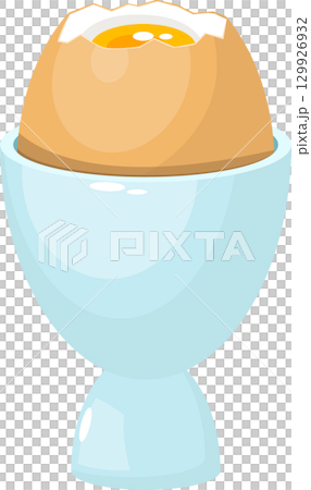 A boiled egg in a light blue egg cup with the top part of the shell removed exposing the yolk. 129926932